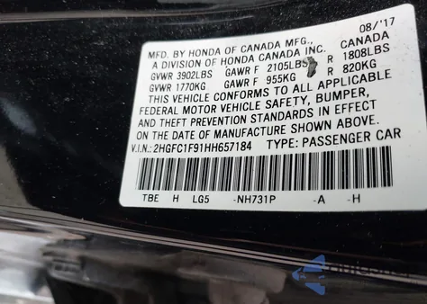 2017 Honda Civic Touring z USA, uszkodzony, nr VIN 2HGFC1F91HH657184